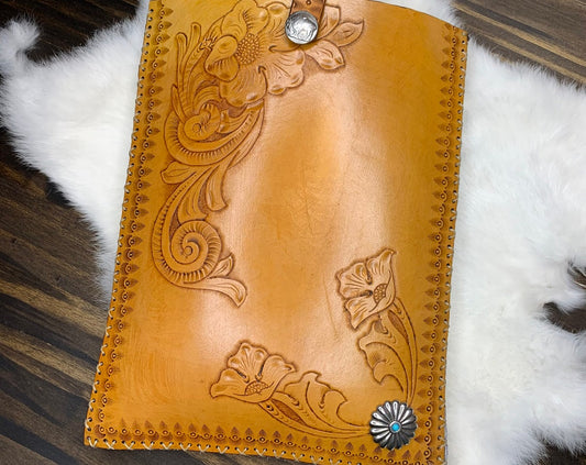 Handtooled leather book sleeve